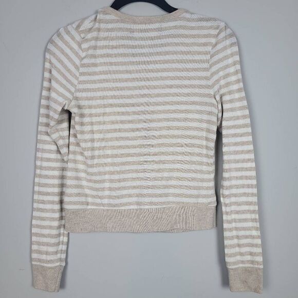 Zara Basics Womens Small Button Front Cardigan Sweater Tan Khaki White Stripe - Picture 2 of 6